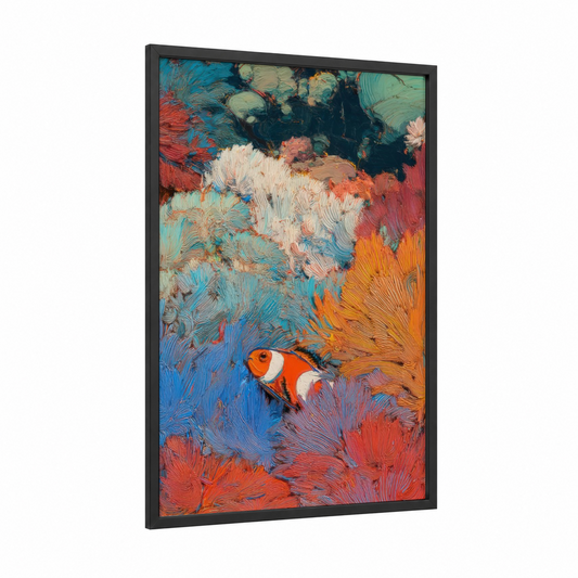 Vibrant Clownfish framed clown fish print — black wood frame — blue and orange palette