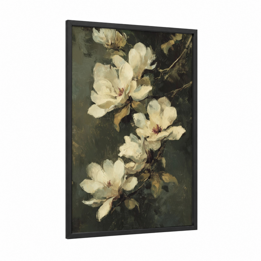 Cream Magnolia framed art print — black wood frame — cream and black palette