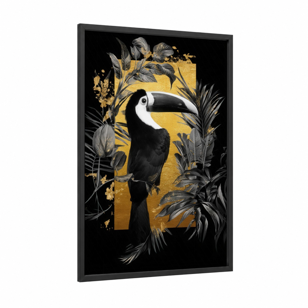 Golden Toucan framed art print — black wood frame — black and gold and gold palette