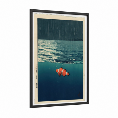 Rainy Clown Fish framed art print — black wood frame — teal and orange palette