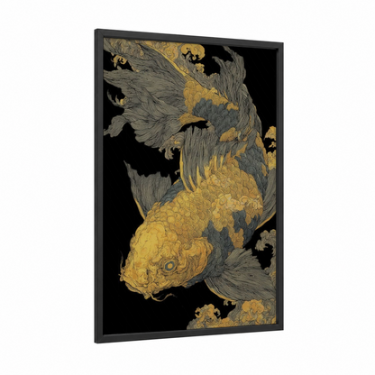 Golden Koi Dance framed koi fish print — black wood frame — gold and black and white palette