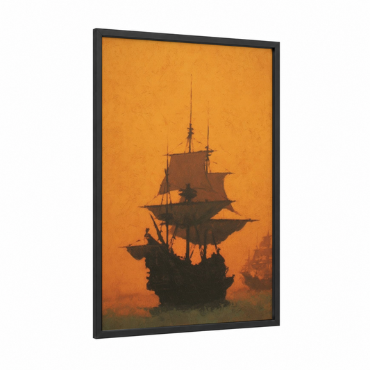Golden Ship Silhouette framed sailing print — black wood frame — orange and black palette