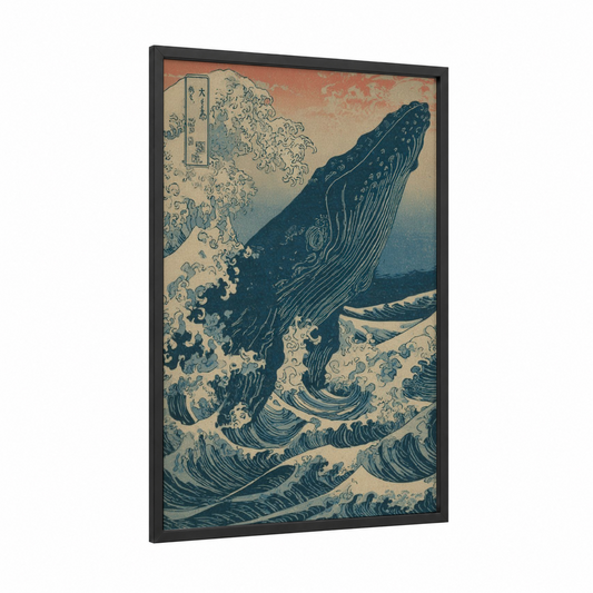 Great Wave Whale framed gray whale print — black wood frame — dark blue and cream palette