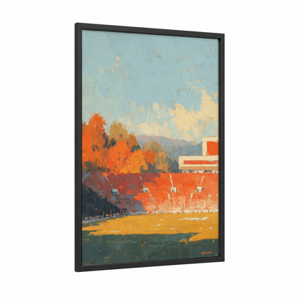 Autumn Stadium framed stadiums and fields print — black wood frame — orange and gold palette