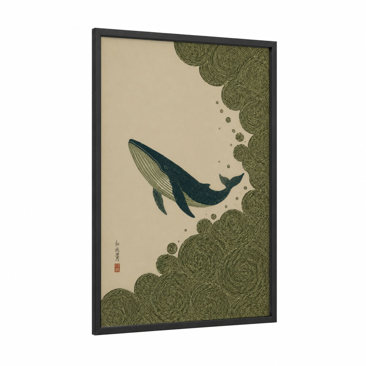 Humpback Whale Japanese Woodblock Wall Art framed art print — black wood frame — beige and olive palette