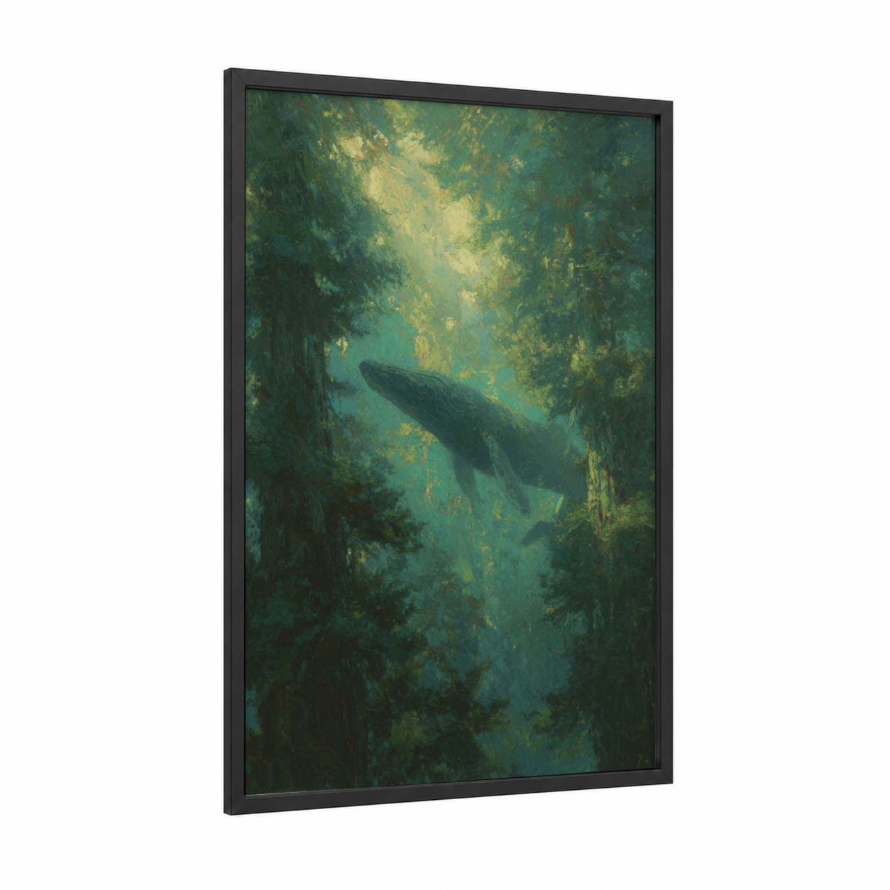Abyssal Whale framed sperm whale print — black wood frame — teal and gold palette