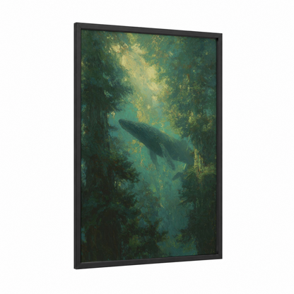 Abyssal Whale framed sperm whale print — black wood frame — teal and gold palette