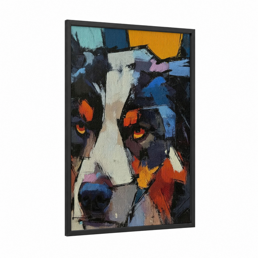 Colorful Shepherd Portrait framed shepherd dogs and collies print — black wood frame — blue and orange palette