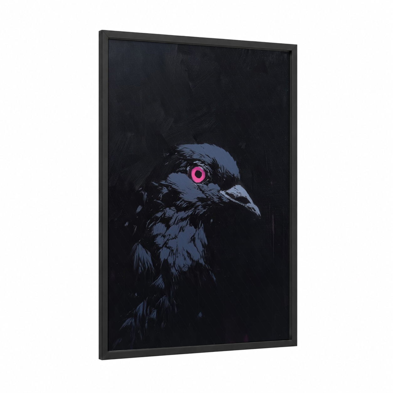 Neon Pigeon framed art print — black wood frame — dark blue and magenta palette