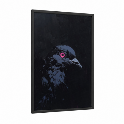 Neon Pigeon framed art print — black wood frame — dark blue and magenta palette