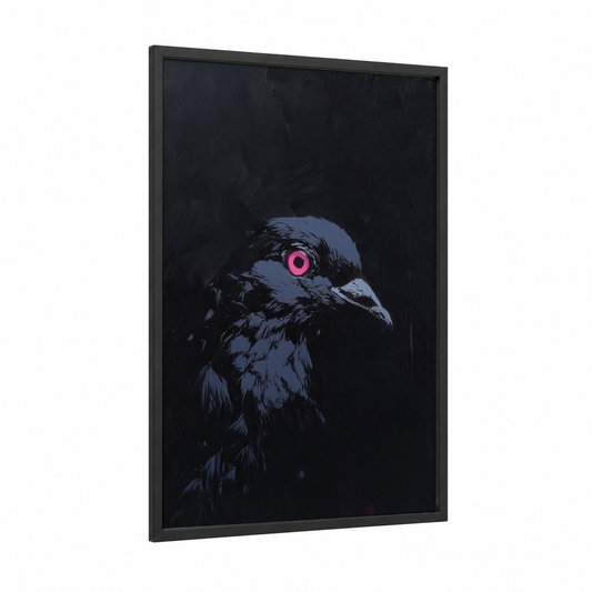Neon Pigeon framed art print — black wood frame — dark blue and magenta palette
