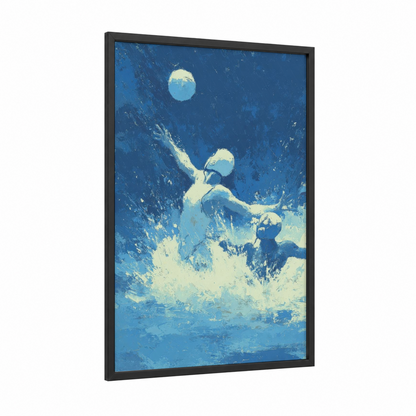 Moonlit Athlete framed water polo print — black wood frame — blue and white palette