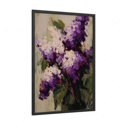 Purple Lilac Blossoms framed art print — black wood frame — purple and lavender palette