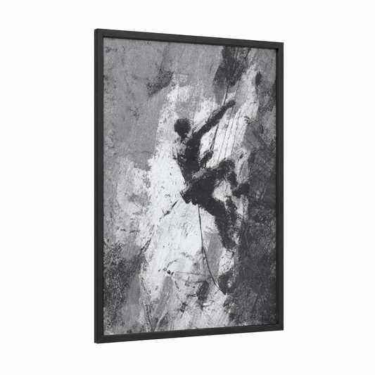 Vertical Ascent framed ice climbing print — black wood frame — black and white and gray palette