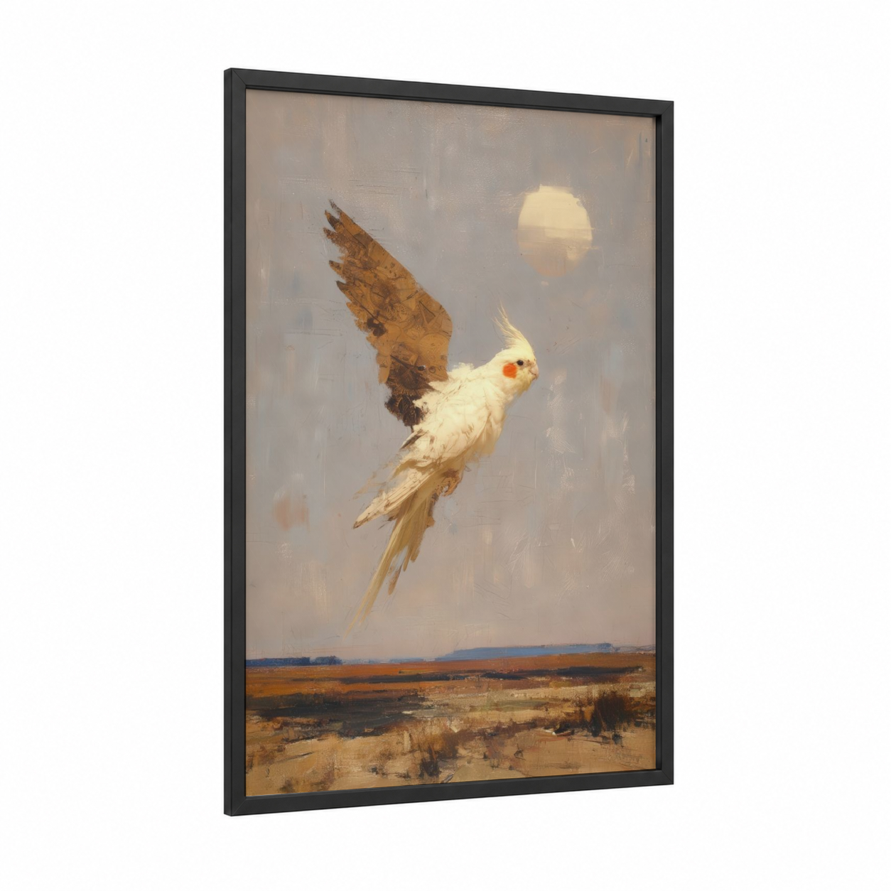 Soaring Cockatiel framed art print — black wood frame — cream palette