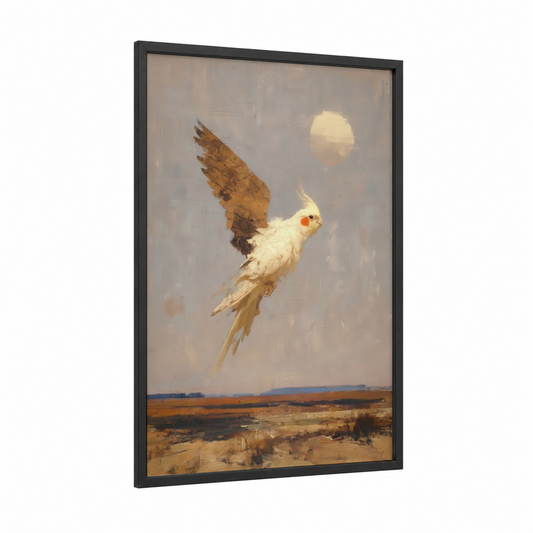 Soaring Cockatiel framed art print — black wood frame — cream palette