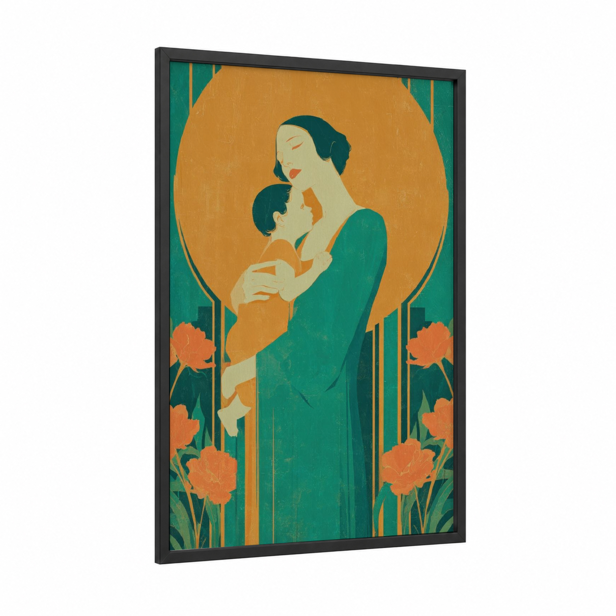 Tender Embrace Mother framed mother's day print — black wood frame — gold and teal palette