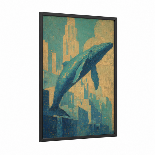 Urban Whale framed blue whale print — black wood frame — teal and gold palette
