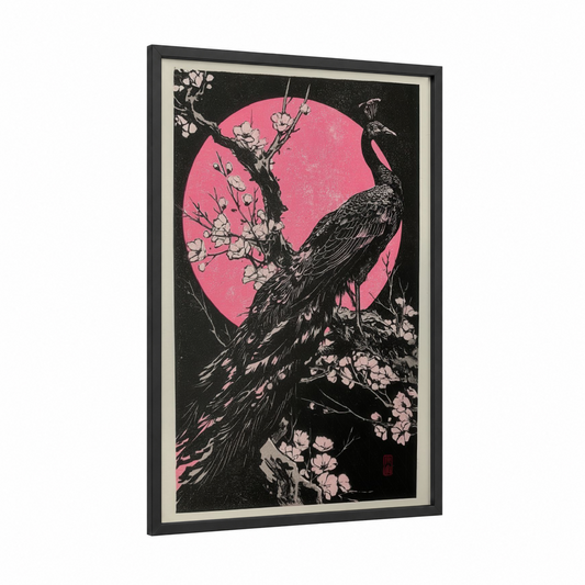 Crimson Peacock framed art print — black wood frame — magenta and black and white palette