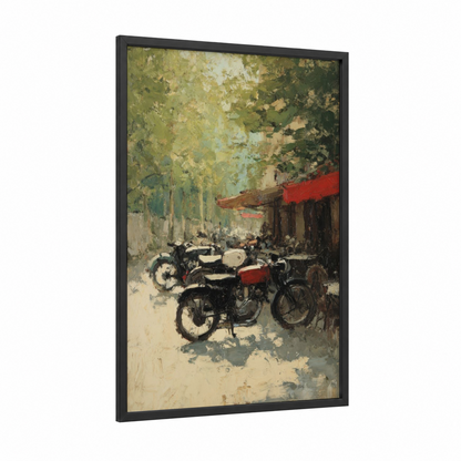 Shaded Motorcycle Garage framed vintage motorcycle print — black wood frame — green and cream palette