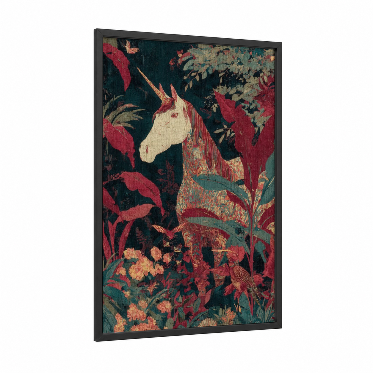 Enchanted Unicorn framed unicorns print — black wood frame — maroon and teal palette