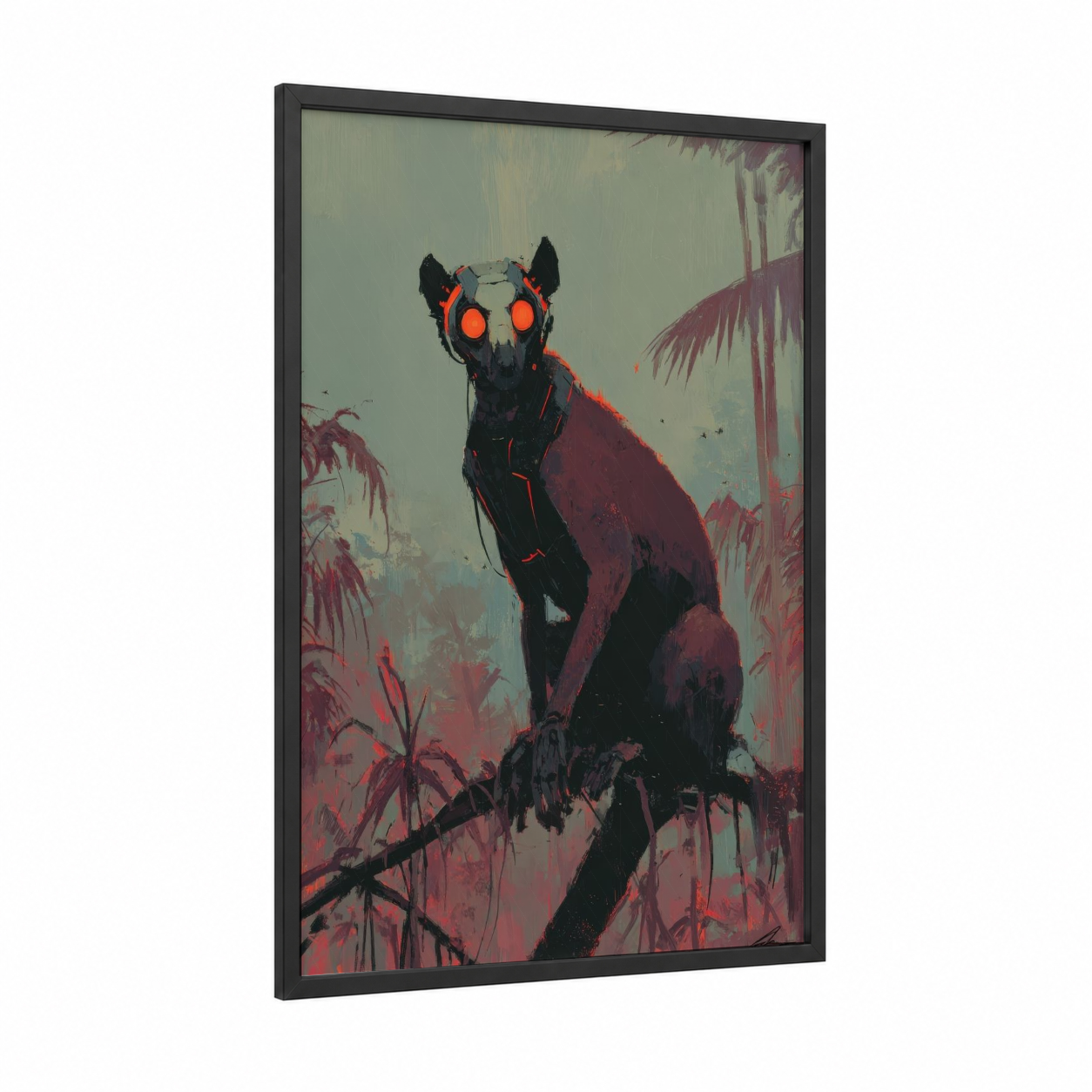 Neon Jungle Primate framed monkey print — black wood frame — black and red and dark green palette