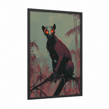 Neon Jungle Primate framed monkey print — black wood frame — black and red and dark green palette