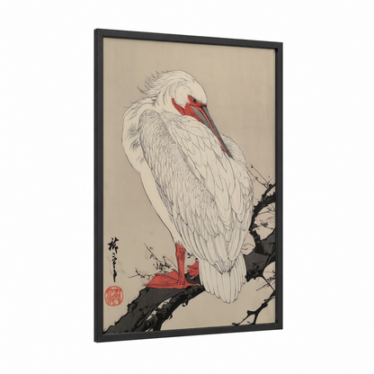 Crimson Pelican framed art print — black wood frame — cream and red palette