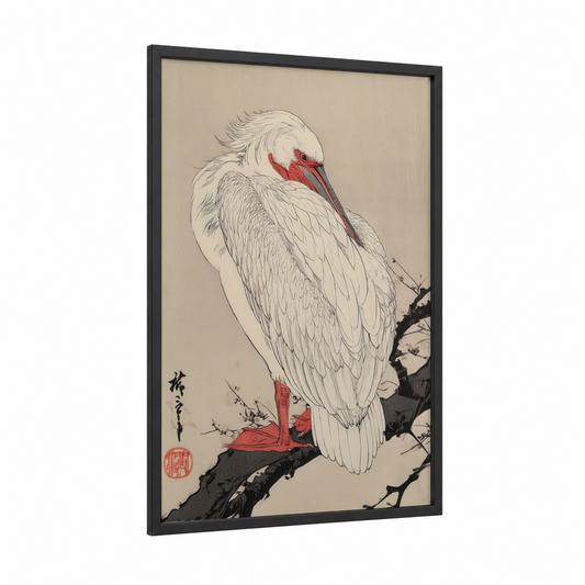 Crimson Pelican framed art print — black wood frame — cream and red palette