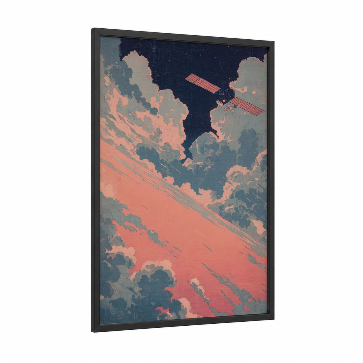 Orbital Sunrise framed satellite print — black wood frame — salmon pink and bermuda gray palette