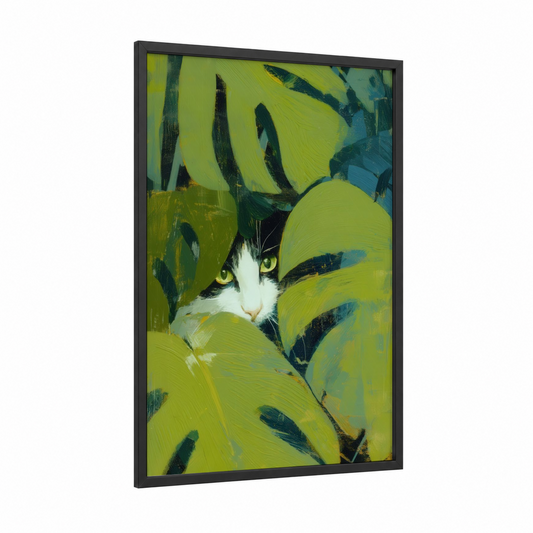 Lime Whiskers Cat framed art print — black wood frame — lime green and black and white palette