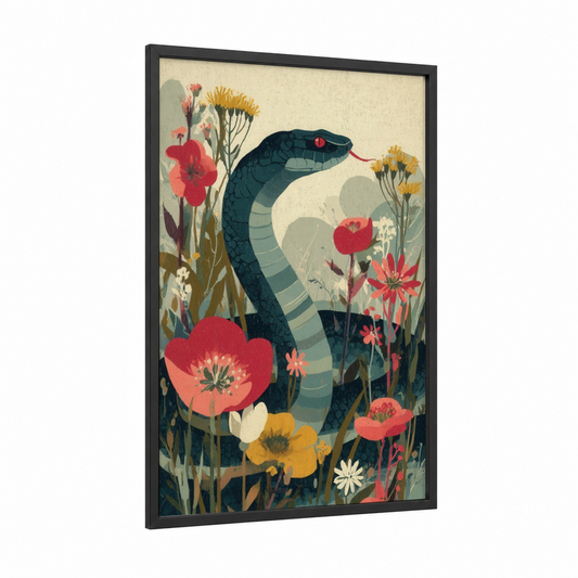 Garden Python framed art print — black wood frame — red and gold palette