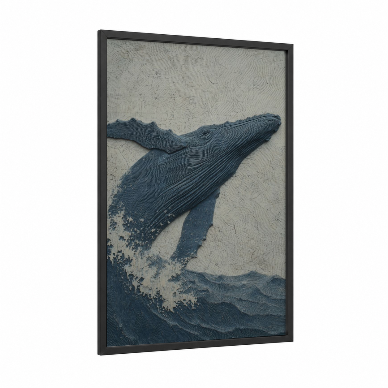 Diving Whale Carving framed woodcarving print — black wood frame — dark blue and gray and white palette