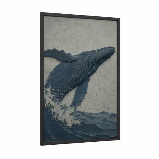 Diving Whale Carving framed woodcarving print — black wood frame — dark blue and gray and white palette
