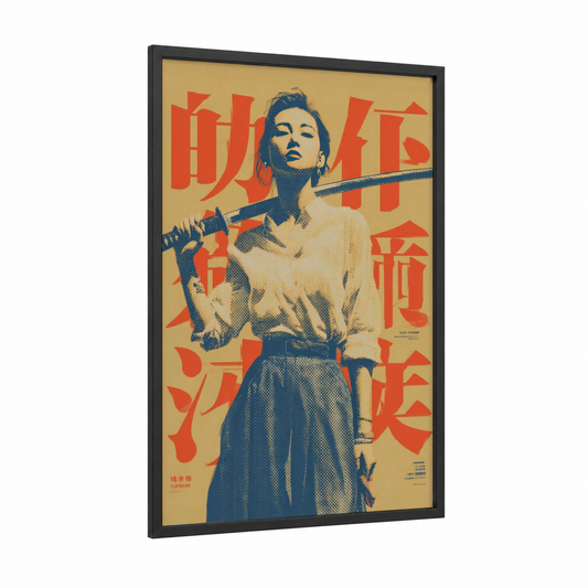 Samurai Warrior Spirit framed vintage japanese ads print — black wood frame — gold and blue palette