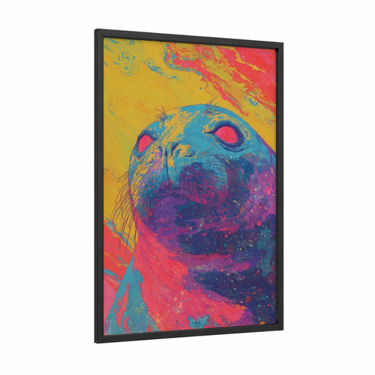 Neon Seal framed art print — black wood frame — blue and magenta palette