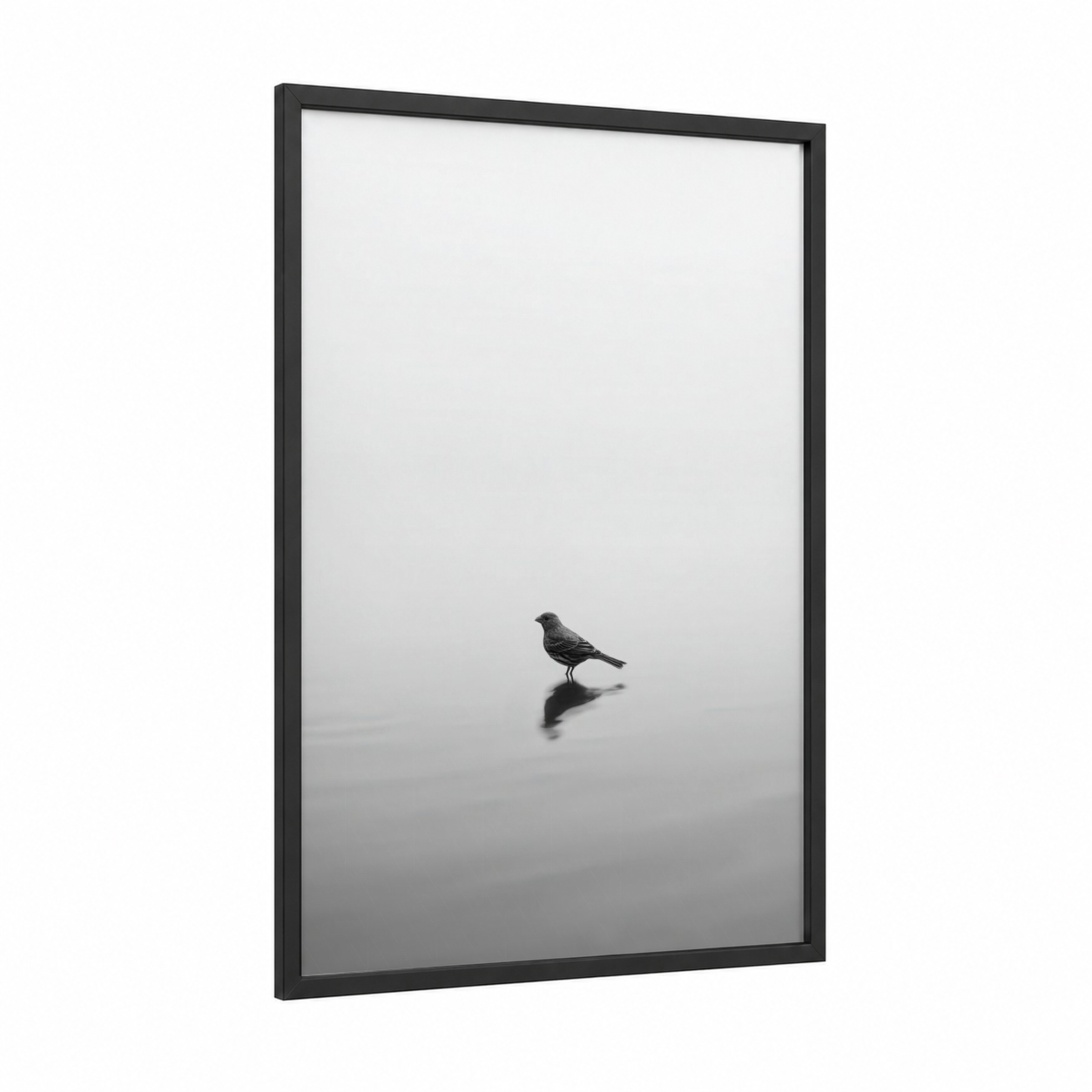 Solitary Finch framed art print — black wood frame — black and white and gray palette