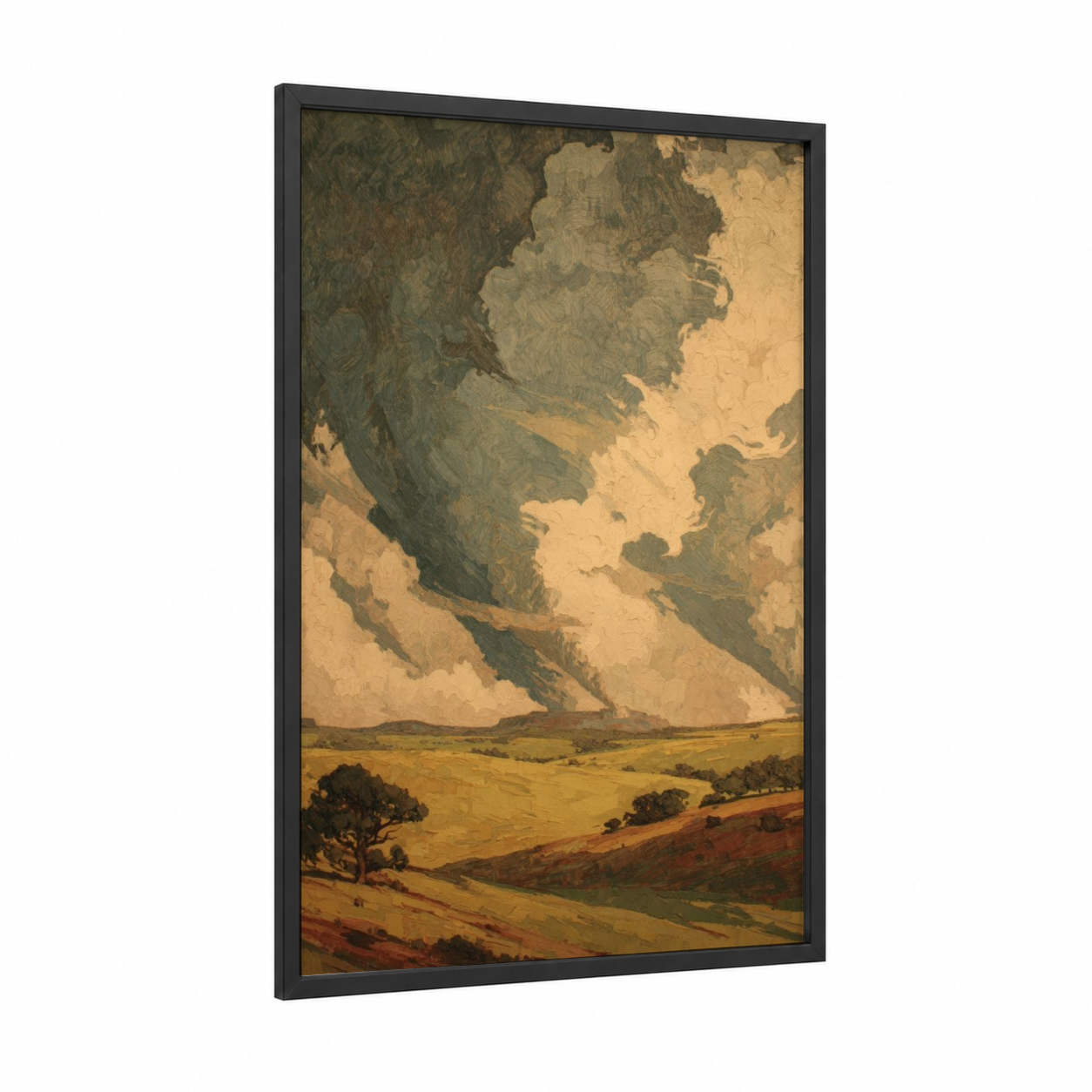 Stormy Prairie Tornado framed art print — black wood frame — gold and dark green palette