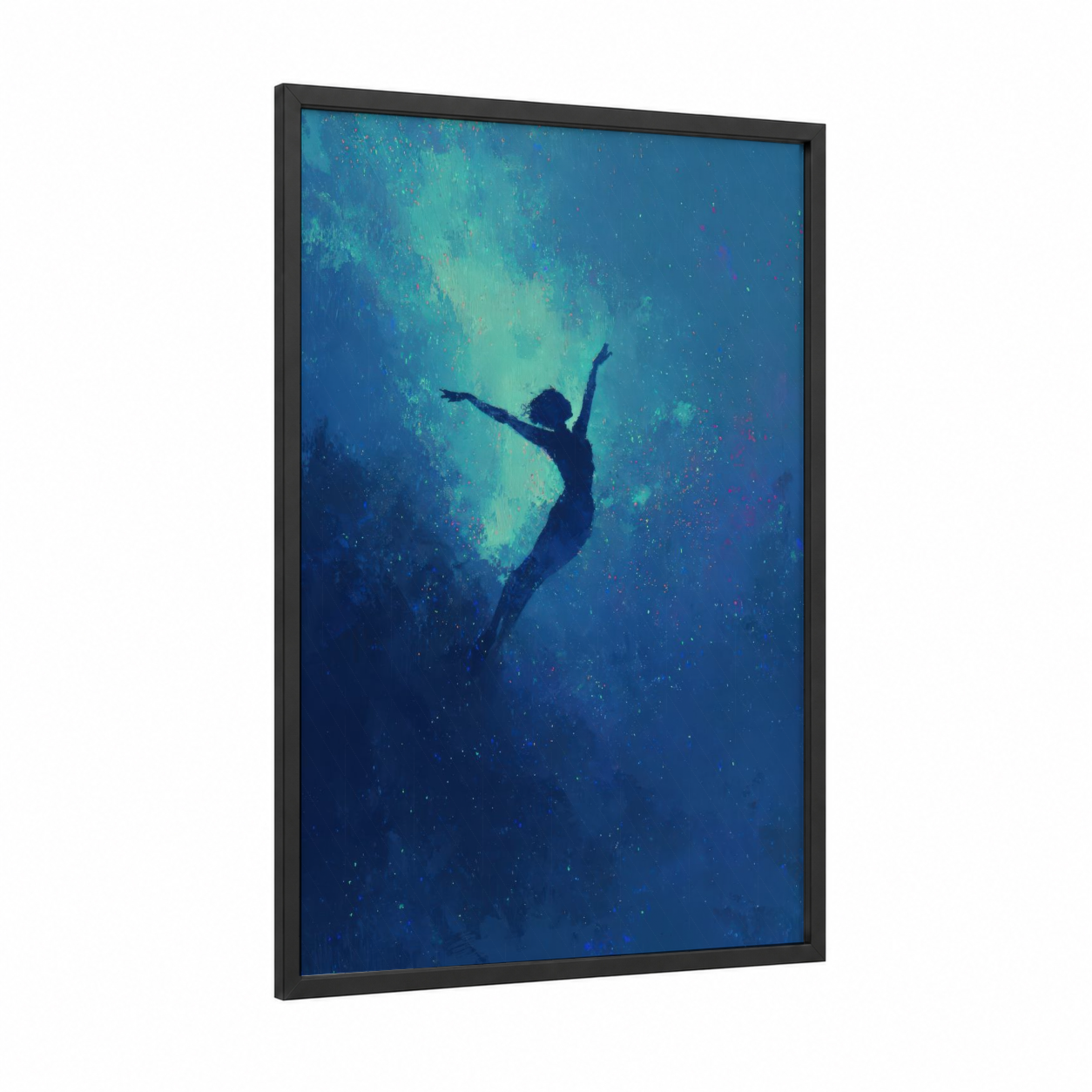 Ethereal Gymnast framed gymnastics print — black wood frame — turquoise and blue palette