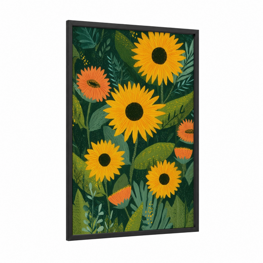 Golden Sunflower Field framed art print — black wood frame — yellow gold and true green palette