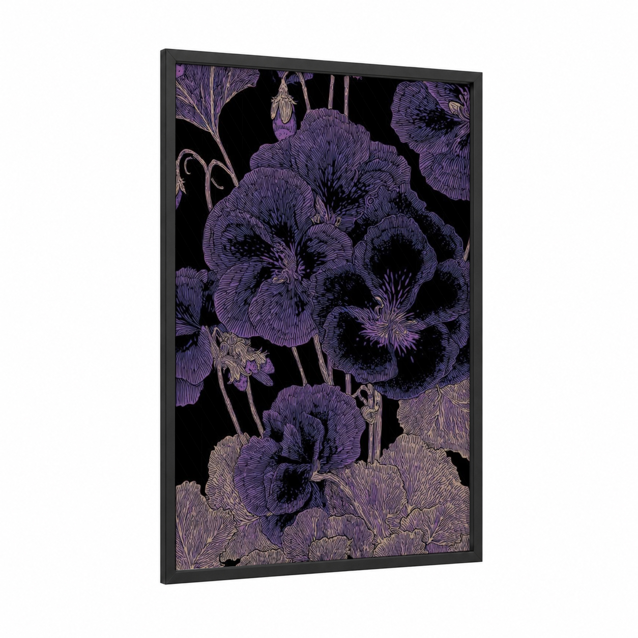 Purple Geranium Study framed art print — black wood frame — purple and black and white palette