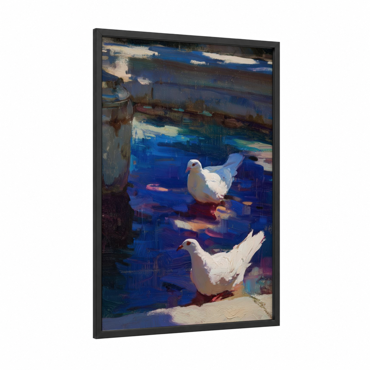 Coastal Doves framed art print — black wood frame — blue and white palette
