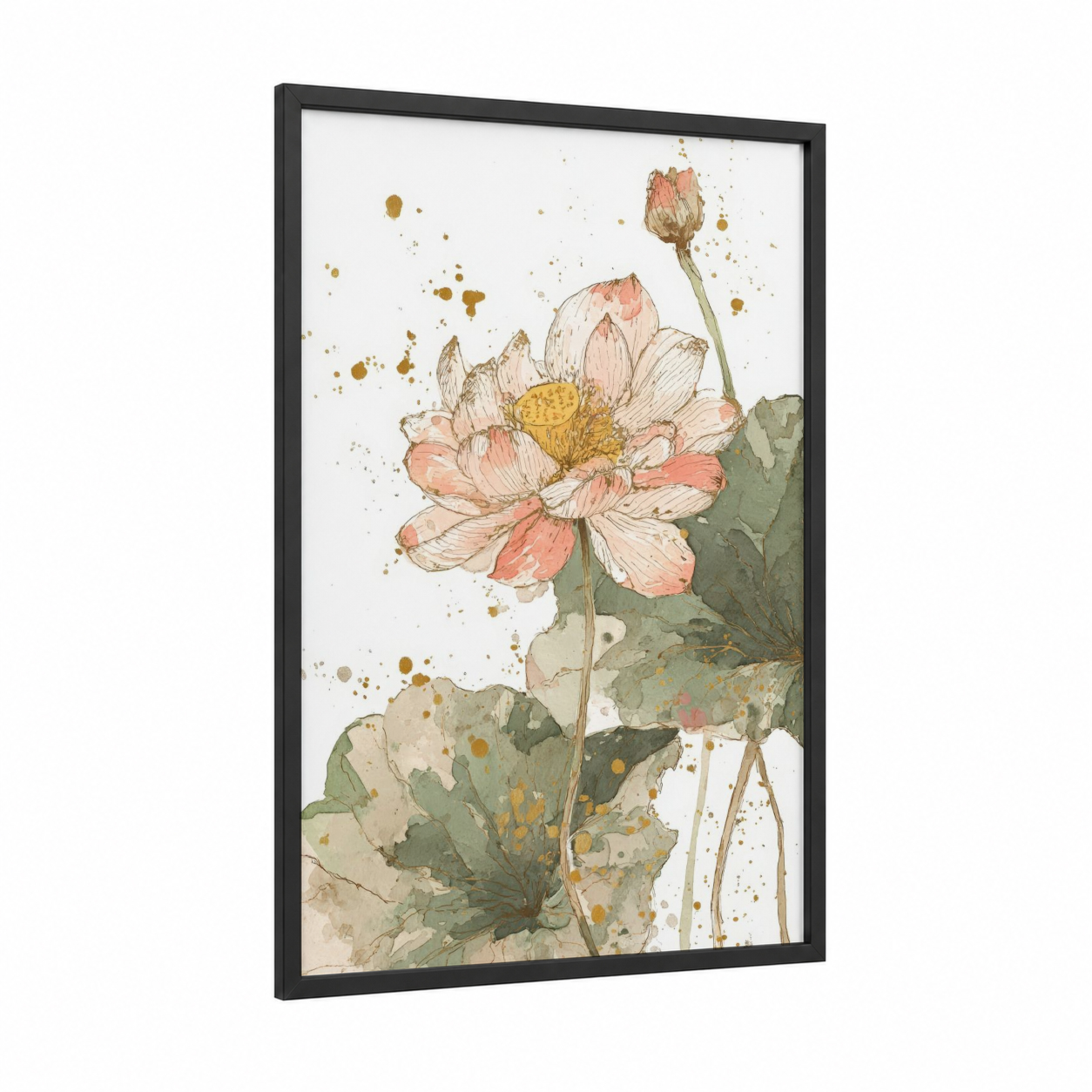 Peachy Lotus Bloom framed art print — black wood frame — peach and sage green palette
