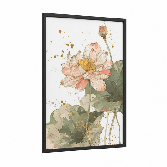 Peachy Lotus Bloom framed art print — black wood frame — peach and sage green palette