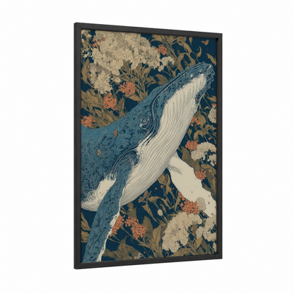 Floral Humpback framed humpback whale print — black wood frame — dark blue and cream palette