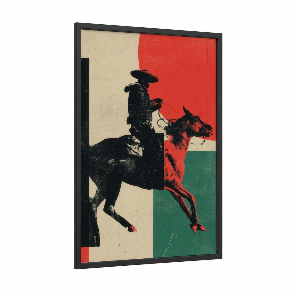 Vaquero Rider framed cinco de mayo print — black wood frame — red and black and white palette