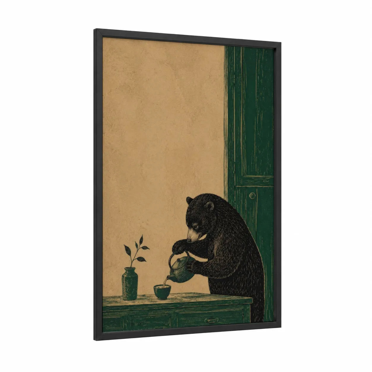 Bear Pouring Tea Zen Wall Art framed art print — black wood frame — true green and cream palette