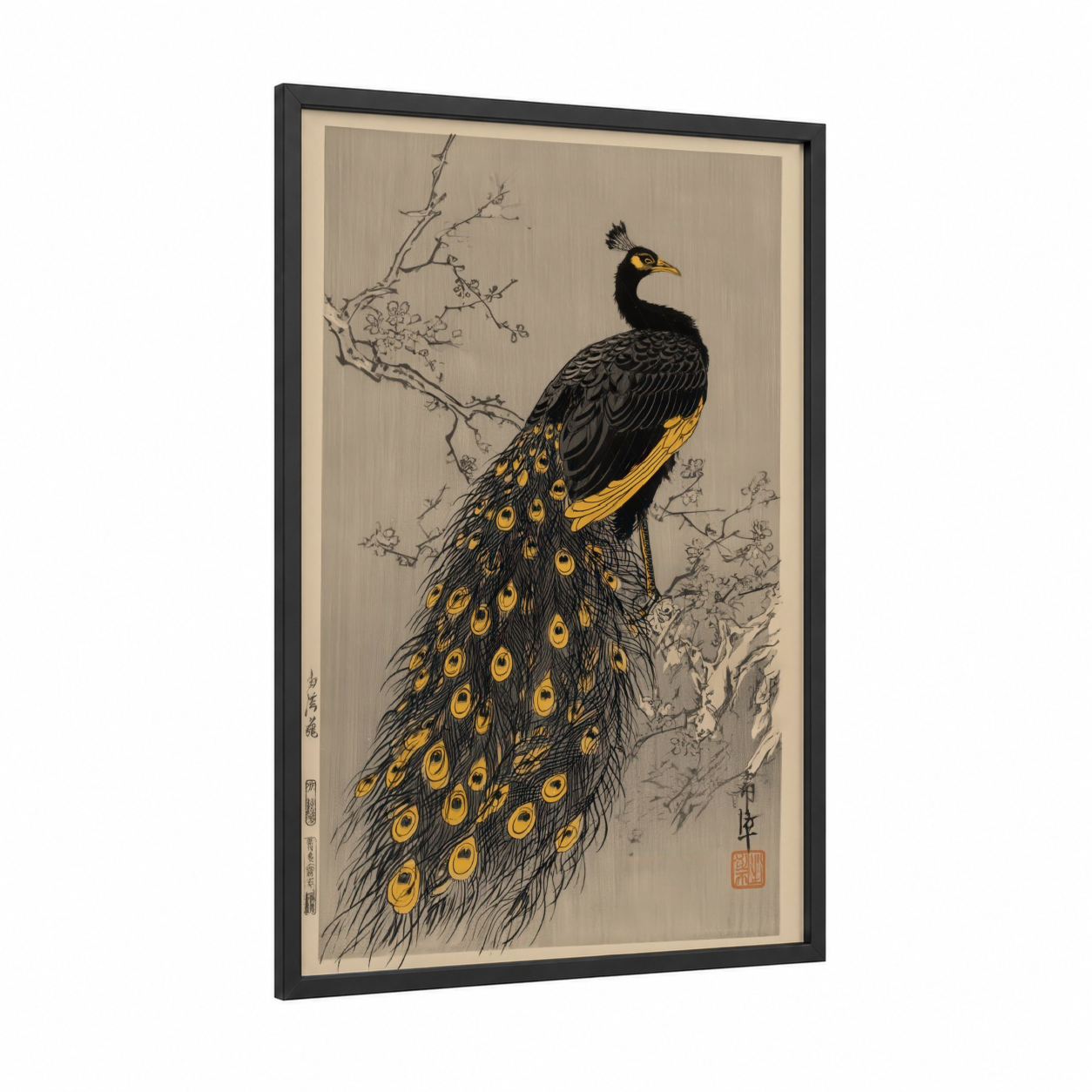 Golden Peacock framed art print — black wood frame — black and gold and white palette