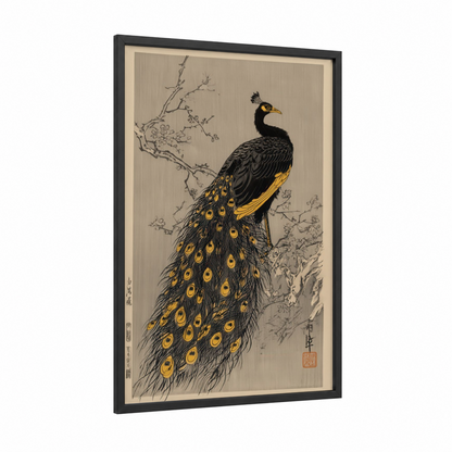 Golden Peacock framed art print — black wood frame — black and gold and white palette
