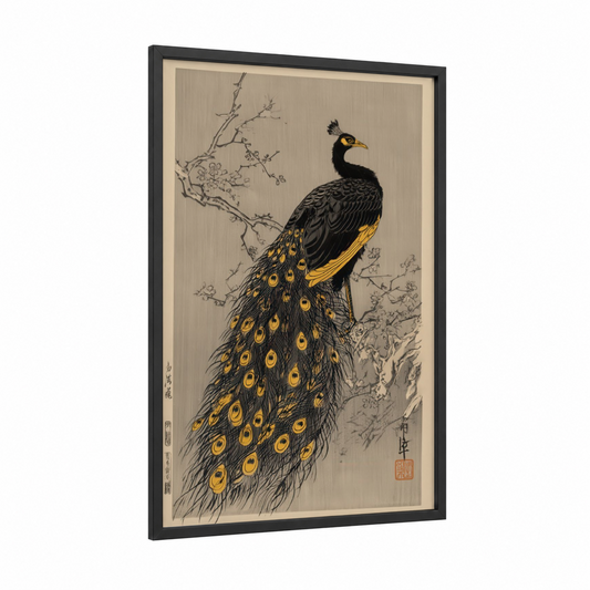 Golden Peacock framed art print — black wood frame — black and gold and white palette